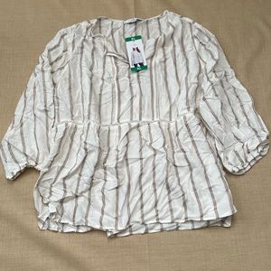 Fever 3/4 Sleeve Ivory Striped Crochet Detailed Top Blouse